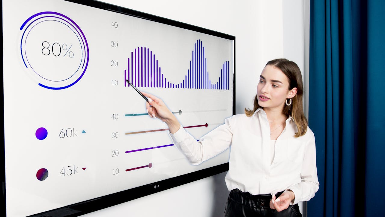 Crafting Captivating Headlines: Your awesome post title goes here Businesswoman presenting data on a large digital screen in a modern office setting.
